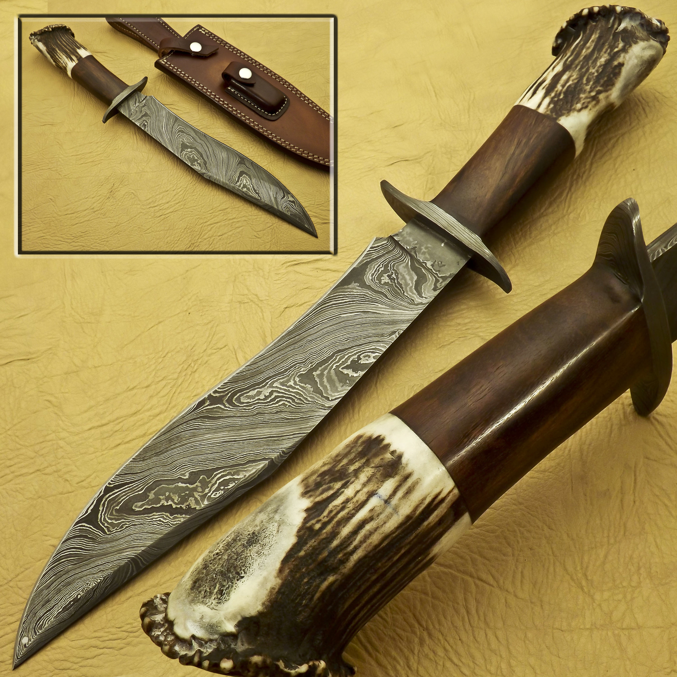 Custom Handmade Damascus Steel Sharp Bowie Knife 